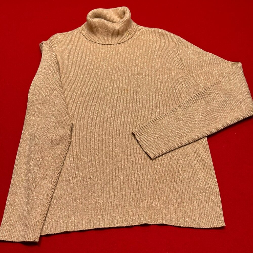 Lauren by Ralph Lauren Gold Metallic Ribbed Turtleneck Sweater – XL